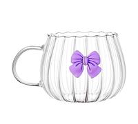 Kuuleyn Glass Pumpkin Cups,Beverage Glass Cup,Cute Bow Single Layer Reusable Coffee Cup,Vertical Stripe Coffee Mug with Handle for Milk Tea Espresso Cappuccino Mocha (Purple)