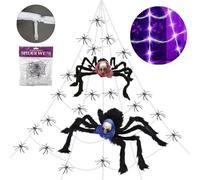 Kuuleyn Halloween 5m Luminous Triangle Net Set Giant Web Purple Light String,Scary Giant Spider and 20 Small Black Spiders 40g Cottonfor Home Outside Yard Party Halloween Decor