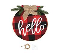 Kuuleyn Wreaths for Front Door, Artificial Wreat, Hello Sign for Front Door Check Plaid Linen Round Front Door Wreaths for Christmas Decoration