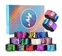KUUQA 16 Pcs Magic Sequins The Mermaid Bracelets 2-Color Sequin Reversible Glitter Slap Bracelets Charms Wristband for Kids Little Mermaid Birthday Party Favors Bags Supplies (Random Colors)