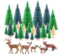 KUUQA 25 Pcs Mini Sisal Trees Bottle Brush Trees Snow Frost Trees with Miniature Figures Woodland Animals Deer Fox Table Top Crafts DIY Room Decor Mini Christmas Village Decoration