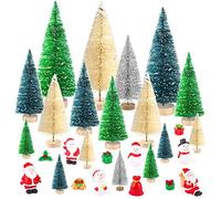 KUUQA 29 Pcs Mini Sisal Snow Frost Trees Bottle Brush Trees Mini Christmas Trees with Figures Santa Claus, Snowman, Gift Boxes Miniature Ornaments for Christmas Village Decoration SMALL SIZE TREES