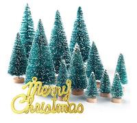 KUUQA 36Pcs Mini Sisal Snow Frost Christmas Trees Bottle Brush Trees Plastic Winter Snow Ornaments Tabletop Trees with Merry Christmas Letters for Xmas Party Diorama Models SMALL SIZE TREES