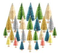 KUUQA 36Pcs Multicolor Mini Sisal Trees - Bottle Brush Pine With Wood Base - Snow Frosted Winter Ornaments for Christmas Decorations, Tabletop, Diorama Models
