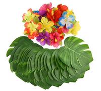 Kuuqa 88 Pcs 20cm/8" Tropical Palm Leaves and Silk Hibiscus Flowers Party Decor, Artificial Monstera Plant Leaves Flowers Hawaiian Luau Party Jungle Beach Theme BBQ Birthday Party Decorations Supplies