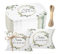 Kuvarix Pack of 50 Guest Gift Box Schön dass du da bist Eucalyptus Design Cushion Boxes for Wedding Christening Communion Confirmation Gift Box for Sweets Chocolate Biscuits
