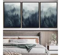 KUVIOKE Blue Fog Pine Tree Framed Wall Art Nature Nordic Forests Artwork Morden Painting Home Decor 24x36in (Black Framed)