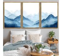 KUVIOKE Blue Watercolor Mountains in Fog Framed Wall Art Wilderness Nature Landscape Painting Rustic Scenic Relax Cool Home Decor 24x36in (Natural Framed)