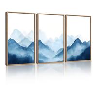 KUVIOKE Blue Watercolor Mountains in Fog Framed Wall Art Wilderness Nature Landscape Painting Rustic Scenic Relax Cool Home Decor 12x16in (Natural Framed)