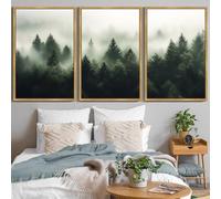 KUVIOKE Green Fog Pine Tree Framed Wall Art Nature Nordic Forests Artwork Morden Painting Home Decor 24x36in (Natural Framed)