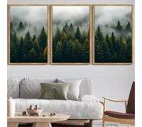 KUVIOKE Green Fog Pine Tree Landscape Framed Wall Art Nature Nordic Misty Forests Prints Morden Farmhouse Bedroom Living Room Ready to Hang 24x36in (Natural Framed)