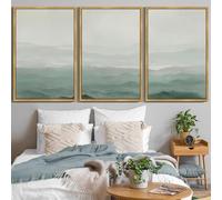 KUVIOKE Green Watercolor Mountains in Fog Framed Wall Art Wilderness Nature Landscape Artwork Painting Boho Rustic Scenic Relax Cool Home Decor 24x36in (Natural Framed)