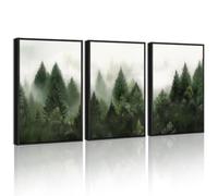 KUVIOKE Morden Green Fog Pine Tree Framed Canvas Wall Art Nature Nordic Forests Artwork Painting Bedroom Decor 12x16in (Black Framed)