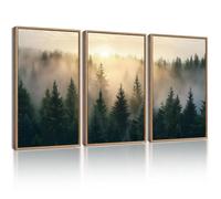 KUVIOKE Sun Dawn Fog Pine Tree Framed Wall Art Morden Nature Nordic Forests Artwork Home Decor 12x16in (Natural Framed)