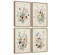 KUVIOKE Vintage Wildflower Bouquet Antique Framed Wall Art Retro Flower Botanical Pictures Illustrations Colorful Floral Bathroom Decor Ready to Hang 11x14inx4pcs (Natural Framed)