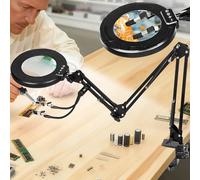 KUVRS 12X Magnifying Glass with Light and Stand, Ultra Long 3-Section Swing Arm, 5 Colors Helping Hands Magnifying Lamp, 4-Way Large Metal Clamp LED Lighted Magnifier Lamp for Craft Workbench Repair