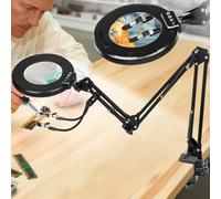 KUVRS 12X Magnifying Glass with Light and Stand, Ultralong 3-Section Swing Arm Workbench Lighted Magnifier Helping Hands, 5 Colors Stepless Dimming LED Desk Lamp with Clamp for Craft Repair Reading