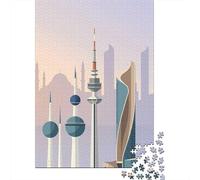 Kuwait City Skyline Illustration Jigsaw Puzzle 1000 Pieces, Famous Building Scenic Print, Interlocking Paper Pieces, Mindful Activity for Puzzle Lovers, 70x50cm/1000pcs