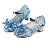 KUWIBY Girl Sandals Glitter Princess Shoes Sequin Party Shoes Bling Bowknot High Heels Wedding Birthday Dress Comfort Bright Diamond Cosplay Dance for Little Girls Christmas Blue