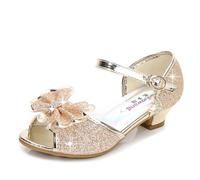 KUWIBY Girl Sandals Glitter Princess Shoes Sequin Party Shoes Bling Bowknot High Heels Wedding Birthday Dress Comfort Bright Diamond Cosplay Dance for Little Girls Christmas Gold