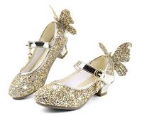 KUWIBY Girl Sandals Glitter Princess Shoes Sequin Party Shoes Bling Bowknot High Heels Wedding Birthday Dress Comfort Bright Diamond Cosplay Dance for Little Girls Christmas Gold