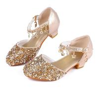 KUWIBY Girl Sandals Glitter Princess Shoes Sequin Party Shoes Bling Bowknot High Heels Wedding Birthday Dress Comfort Bright Diamond Cosplay Dance for Little Girls Christmas Gold