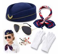 Kuwuarg Flight Attendant Costume 5-Piece Accessories Set, Air Hostess Costume Women Dress-Up Kit with Pilot Hat Scarf Brooch Gloves for Adult Cosplay & Themed Parties