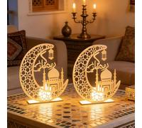 KUWUNG 2 PCS Ramadan Lights Decorations, Eid Decorations, Ramadan Eid LED Night Light, 3D Wooden Eid Mubarak Decorations Lights Home Party Bedroom for Muslims, Home Islamic Table Decor