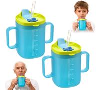KUWUNG 2 Pcs Sippy Cup for Adults and Kids, 300ml Adult Sippy Cups for The Elderly Non Spill, Beakers for Elderly with 2 Handles, Drinking Cup with Lid and Straw, Non Spill Cups for Adults Kids(Blue)