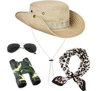 KUWUNG 4 PCS Safari Costume Accessories Set, Explorer Hat Safari Hat Explorer Zoo Keeper Costume with Leopard Print Scarf Green Binoculars for Women Men Dress Up