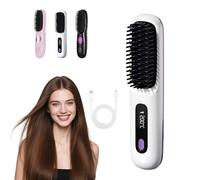 KUWUNG Go Brush Pro UK Cordless Hair Straightener Brush, Portable USB Rechargeable Ceramic Hair Straightener Brush with 3 Adjustable Heat, Hair Styling for Smooth, Travel and Everyday Use (White)