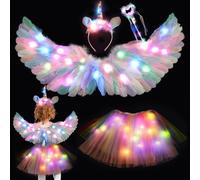 KUWUNG Light Up Fairy Costume for Girls, Kids Glowing Unicorn Costume with Feather Wings, LED Tutu Skirt, Magic Wand, Unicorn Headband, Children Fancy Dress for Halloween Christmas Carnival Party