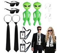 KUWUNG Men In Black Costume Accessories, 10 Pcs Agent Costume Accessories Set with Sunglasses Tie Green Aliens Fake Earpiece ID Card Props for Carnival Party Cosplay