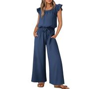 Kuxiadan Jumpsuits for Women Co Ords Sets Leisure Lounge Ruffle Sleeve Vest Wear Wide Leg Dungarees with Wrap Waist Ladies Casual Plain Loose One Piece Rompers Jumpsuits with Pockets XL