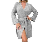 Kuxiadan Womens Dressing Gowns Lightweight Knit Short Robe Kimono Dressing Gowns Cosy Bathrobe Soft Gown Pajamas V Neck Long Sleeved Bath Robes with Belt for All Seasons Sleepwear XXL