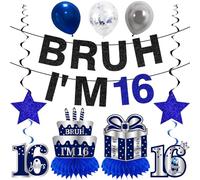 Kuxriox 11Pcs 16th Birthday Decorations for Boys Men, Blue Sliver Happy 16th Birthday Banner, Bruh I'm 16 Balloons Centerpieces Swirls Party Supplies, Sixteen Bday Banner Ceiling Table Topper Sign