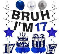 Kuxriox 11Pcs 17th Birthday Decorations for Boys Men, Blue Sliver Happy 17th Birthday Banner, Bruh I'm 17 Balloons Centerpieces Swirls Party Supplies, Seventeen Bday Banner Ceiling Table Topper Sign