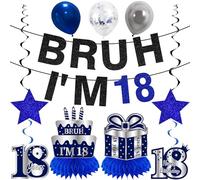 Kuxriox 11Pcs 18th Birthday Decorations for Boys Men, Blue Sliver Happy 18th Birthday Banner, Bruh I'm 18 Balloons Centerpieces Swirls Party Supplies, Eighteen Bday Banner Ceiling Table Topper Sign