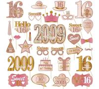 Kuxriox 30Pcs 16th Birthday Photo Booth Props for Girls Women, Pink Rose Gold Vintage 2009 16 Birthday Selfie Props Kit with Sticks Party Supplies Favors, Sixteen Bday Photo Props Decor