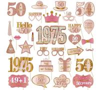 Kuxriox 30Pcs 50th Birthday Photo Booth Props for Women, Pink Rose Gold Vintage 1975 50 Birthday Selfie Props Kit with Sticks Party Supplies Favors, Happy Fifty Bday Photo Props Decor