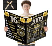 Kuxriox Large 16th Birthday Card With Envelope, Black Gold Happy 16th Birthday Giant Guest Book Gifts for Men Women, Giant Sixteen Bday Card Gifts Party Supplies, The Year 2009 Jumbo 16 Bday Card