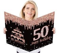 Kuxriox Large 50th Birthday Card With Envelope, Extra Big Guest Book Rose Gold Happy 50th Birthday Greeting Card for Women, Giant 50th Bday Card Gifts Party Supplies, Jumbo Fifty Bday Card(14 x 22 IN)