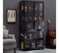 KUYATE Glass display cabinet,Glass door antique cabinet,Antique cabinet display cabinet Natural bamboo frame, single/double door design,Convenient Storage 80x32x170cm/L31.5xW12.6xH66.9in black