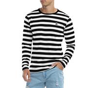 KUYIGO Mens Long Sleeve Striped T Shirts Classic Crew Neck Cotton Tee Tops | Premium cotton,breathable & soft,striped,embroidered K,split hem.Versatile daily wear for all.Halloween chic,street style