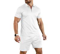 KUYIGO Men's Tracksuit Polo Short Sleeve Suit Set Zip Joggers Gym Top Casual Running Sport Sweat Activewear 2 Piece Suit M White