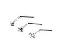 Kuyiuif 3 Piece Pack of 9ct Solid White Gold Claw Set CZ Crystal Stone 22 Gauge L Shape Nose Stud