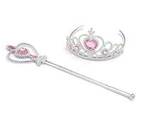 Kuzhi Princess Crown Tiara and Wand Set - Silver Heart Jewel (Light Pink)