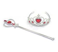 Kuzhi Princess Queen Crown Tiara and Wand Set - Silver Heart Jewel (Red)