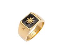 Kuzzoi 0606182620 Men's Signet Ring, Solid 11 mm Wide in 925 Sterling Silver Gold-Plated, Golden Surface with Black Enamel and Star Design, Gold Ring for Men in Ring Size 54 - 66, Sterling Silver