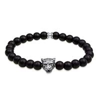 Kuzzoi Buddha Men's Stone Bracelet Made of Black Onyx Gemstone Beads (8 mm) and Tiger Head Pendant in 925 Sterling Silver Elastic 23 centimeters black